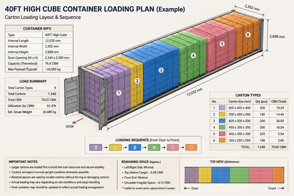 40ft high cube container loading plan with carton layout and loading sequence