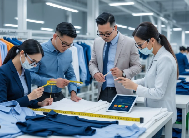 Apparel production team reviewing production delays and risks
