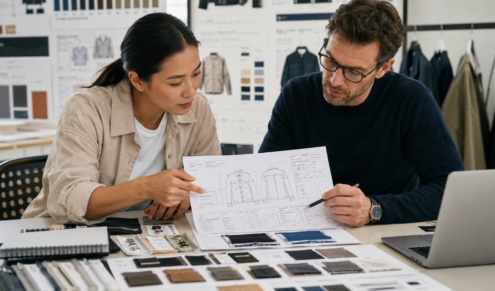 Apparel pre-production meeting reviewing garment sample and production requirements