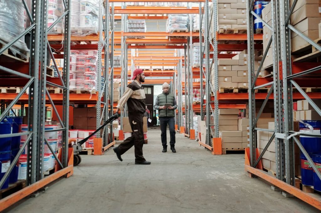 Supply chain team reviewing inventory and warehouse operations