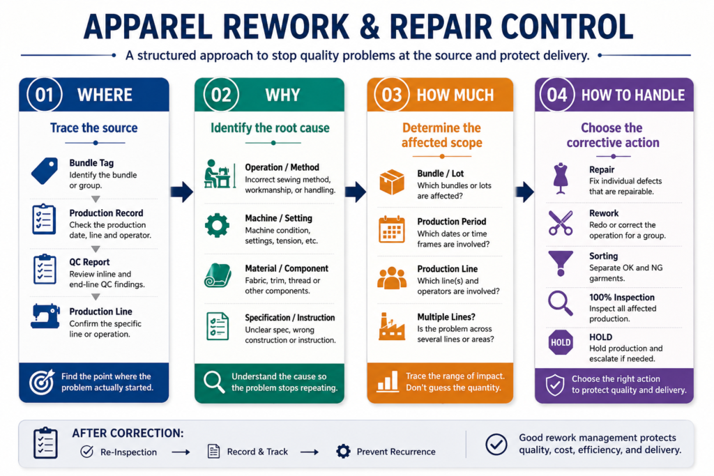 Apparel rework and repair control process showing where, why, how much, and how to handle quality problems