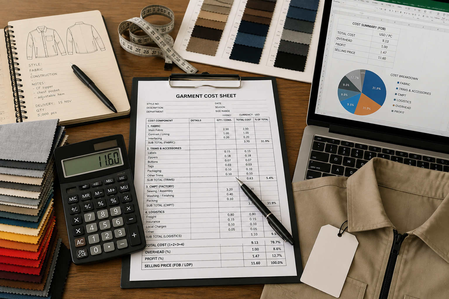 Apparel garment costing with cost sheet, fabric swatches, calculator, and production sample