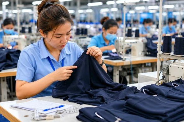 Quality inspector checking garments during apparel production