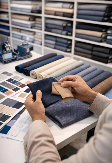 Apparel fabric sourcing professional comparing fabric swatches for production
