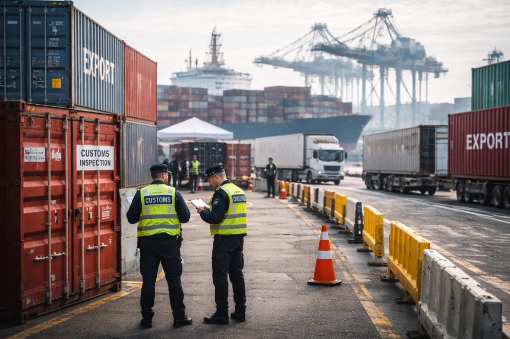 Shipping containers at a port representing international trade and customs